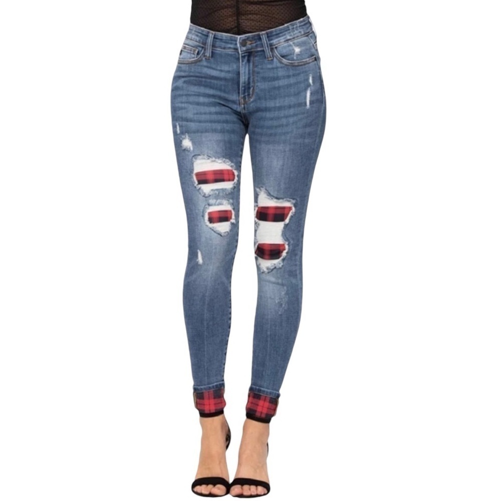 Judy Blue Distressed Buffalo Plaid Patch Skinny Jeans Size 30